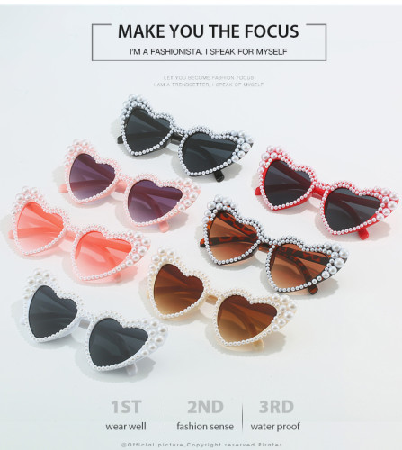 Large frame slanted heart studded pearl sunglasses