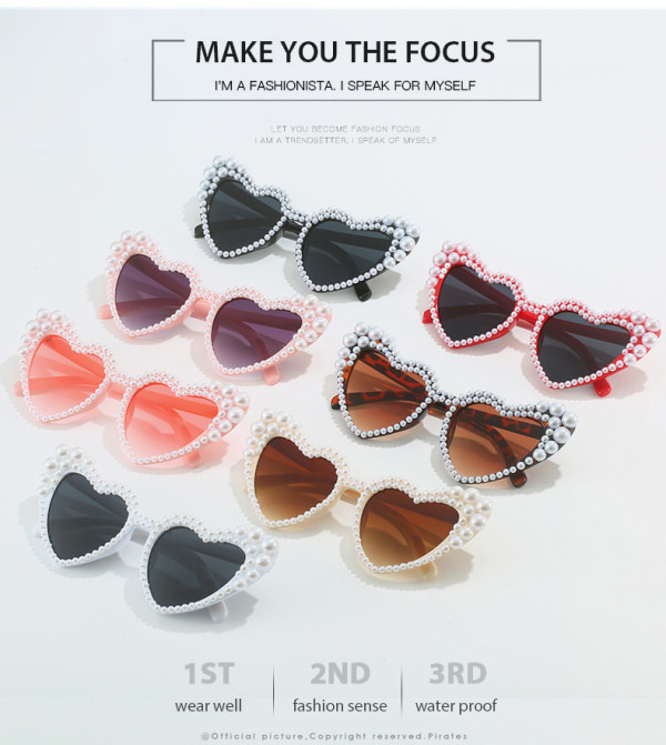 Large frame slanted heart studded pearl sunglasses