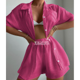 Solid color short sleeved shirt set, loose sun protection suit, swimsuit cover up