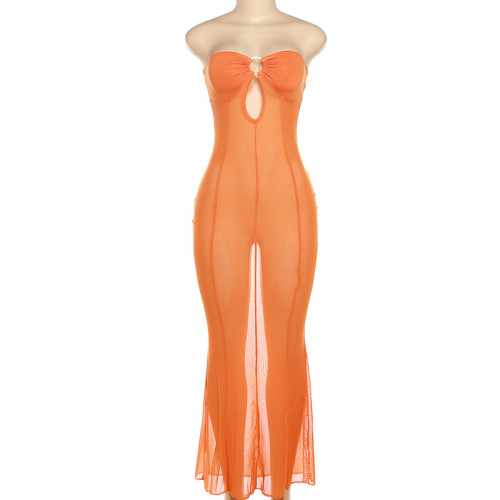One line neckline hollow sexy perspective mesh slim fit dress