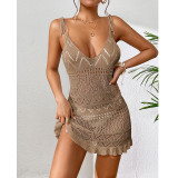 Knitted suspender with deep V-shaped perspective, sexy hollow flower skirt hem, one-piece knitted beach skirt