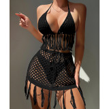 Knitted lace tassel bikini short skirt set