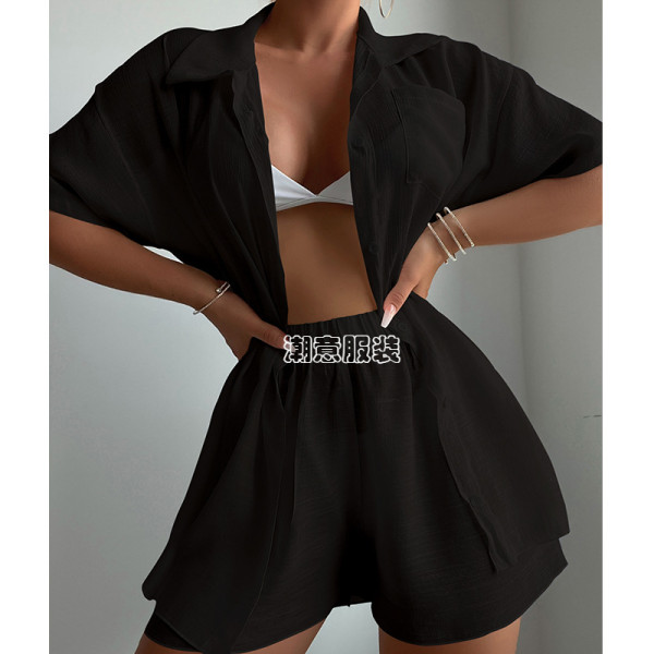 Solid color short sleeved shirt set, loose sun protection suit, swimsuit cover up