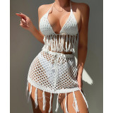 Knitted lace tassel bikini short skirt set