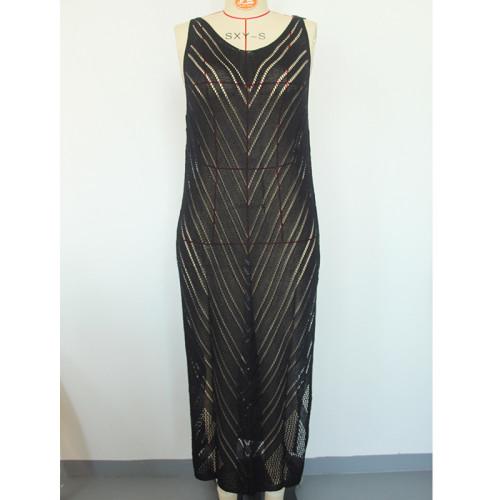 Open back V-neck solid color breathable knitted long dress beach sun protection cover up