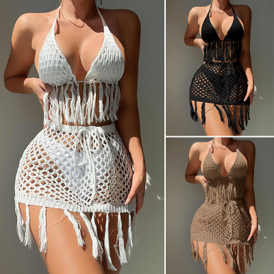 Knitted lace tassel bikini short skirt set
