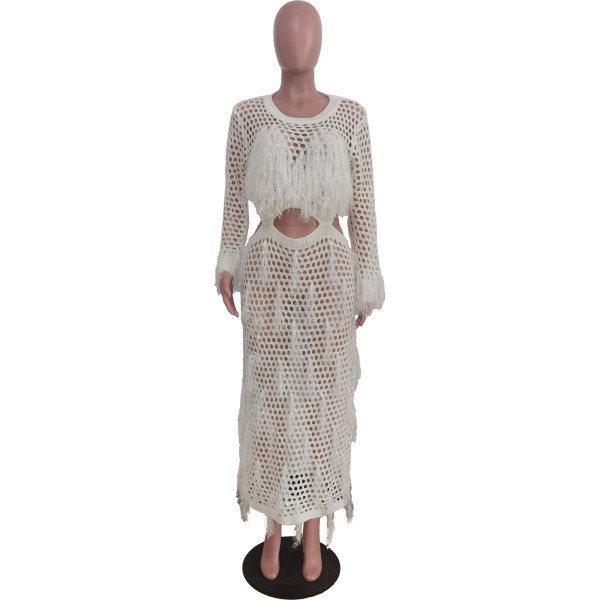 Women's knitted hollow tassel beach skirt