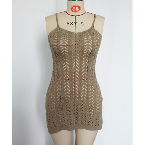Knitted suspender sexy and spicy hollow out U-neck dress knitted beach skirt