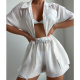 Solid color short sleeved shirt set, loose sun protection suit, swimsuit cover up