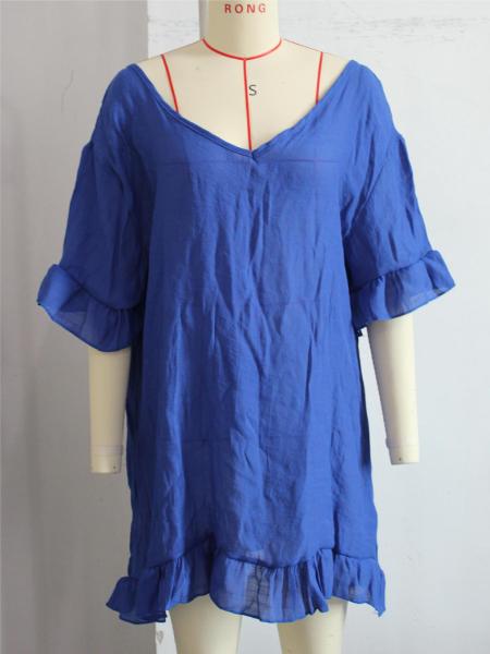 Solid color sunscreen shirt with ruffled V-neck bikini loose fitting top