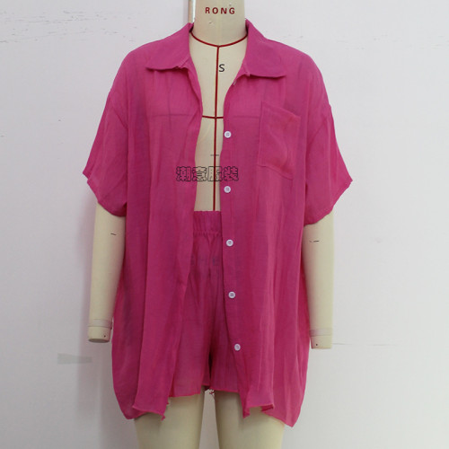 Solid color short sleeved shirt set, loose sun protection suit, swimsuit cover up