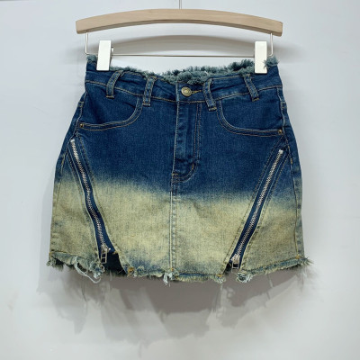 Diagonal zipper retro color anti glare pants skirt denim short skirt