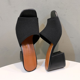 One line drag thick heeled knitted wool high heeled square toe sandals
