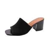 One line drag thick heeled knitted wool high heeled square toe sandals