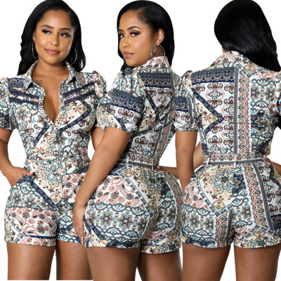 Digital printed round neck women's jumpsuit