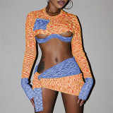 Knitted long sleeved open navel top slim fitting skirt set