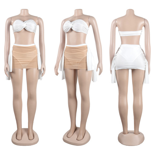 Mesh patchwork solid color lace bra with transparent swimsuit three piece set