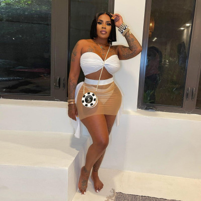 Mesh patchwork solid color lace bra with transparent swimsuit three piece set