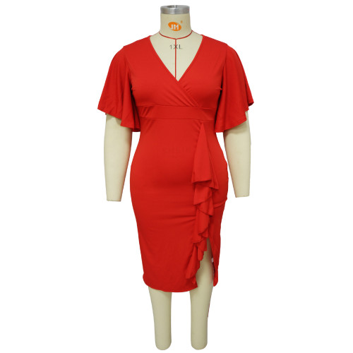 Women's solid V-neck ruffled edge slim fit sexy oversized dress