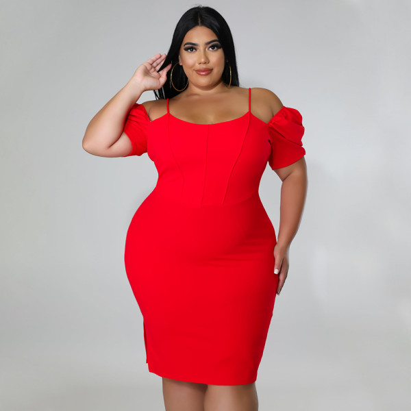 Solid color suspender, backless, shoulder less, pile up sleeves, oversized dress