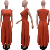 Solid color sleeveless pleated loose hem nylon dress