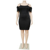 Solid color suspender, backless, shoulder less, pile up sleeves, oversized dress