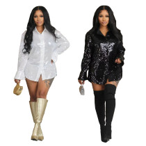 Elastic solid color sequin loose long sleeved micro flared shirt dress Elastic solid color sequin loose long sleeved micro flared shirt dress