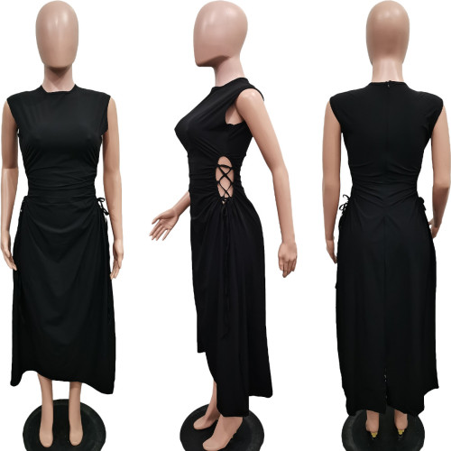 Solid color sleeveless hollowed out nylon dress