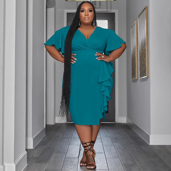 Women's solid V-neck ruffled edge slim fit sexy oversized dress
