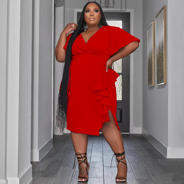 Women's solid V-neck ruffled edge slim fit sexy oversized dress