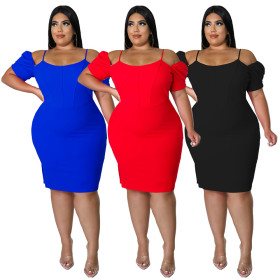 Solid color suspender, backless, shoulder less, pile up sleeves, oversized dress