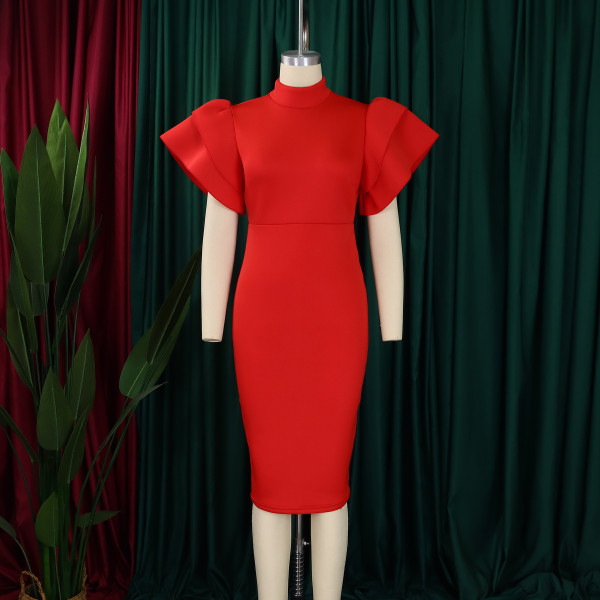 Trumpet Sleeves Solid High Waist Banquet Party Dress
