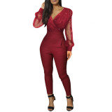 Solid V-neck mesh slim fit long sleeved jumpsuit
