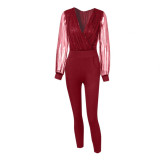 Solid V-neck mesh slim fit long sleeved jumpsuit