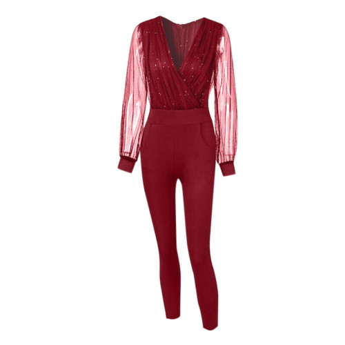 Solid V-neck mesh slim fit long sleeved jumpsuit