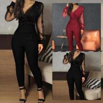 Solid V-neck mesh slim fit long sleeved jumpsuit Solid V-neck mesh slim fit long sleeved jumpsuit