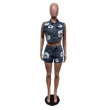 Denim printed elastic shorts set
