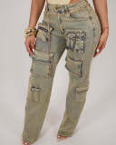 Washed vintage low waisted zippered multi bag workwear jeans