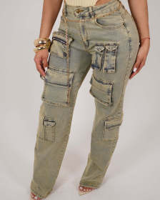 Washed vintage low waisted zippered multi bag workwear jeans