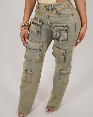Washed vintage low waisted zippered multi bag workwear jeans