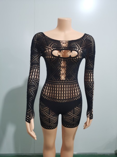 Women's fun hollow out perspective mesh clothing sexy high elastic jumpsuit