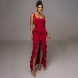 Solid color backless split splicing suspender long skirt