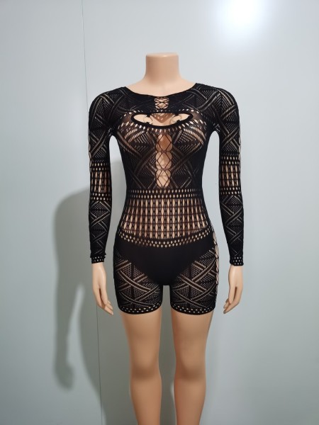 Women's fun hollow out perspective mesh clothing sexy high elastic jumpsuit