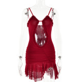 Open back dress, sexy and trendy mesh patchwork suspender, open waist short skirt