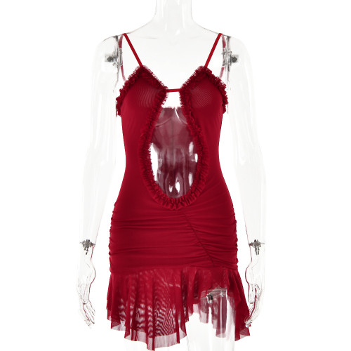 Open back dress, sexy and trendy mesh patchwork suspender, open waist short skirt