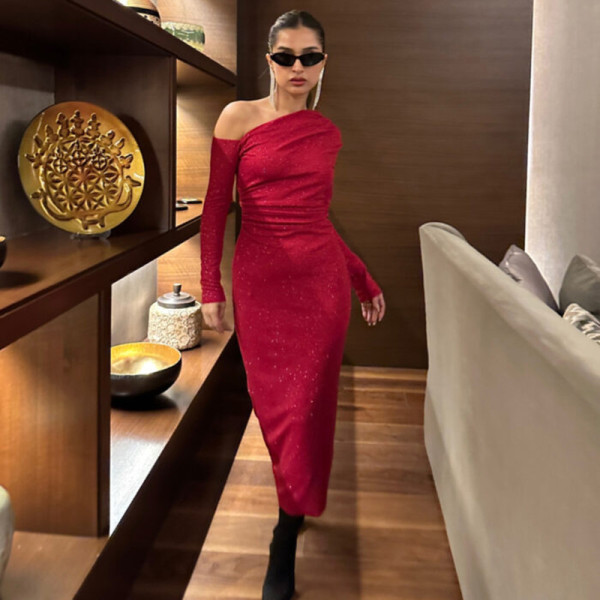Women's bright silk diagonal collar long sleeved dress