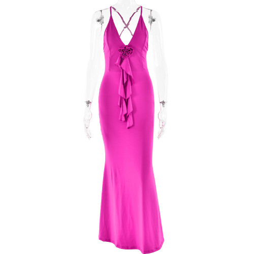Suspender skirt, solid color, ruffled edge, high waisted dress, long skirt