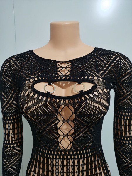 Women's fun hollow out perspective mesh clothing sexy high elastic jumpsuit