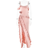 Solid color backless split splicing suspender long skirt