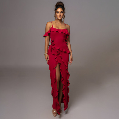 Solid color backless split splicing suspender long skirt